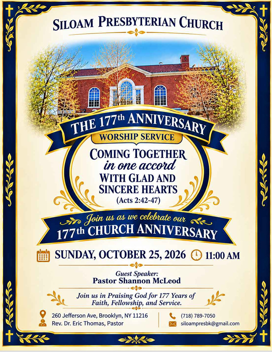 The church's flyer for the 177th Anniversary Worship Service. Its details are written out on this page.